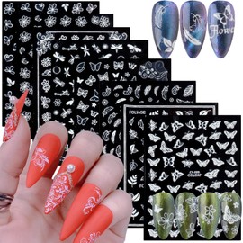 Flowers Nail Art Stickers, Holographic 3D Luminous Nail Self-Adhesive Sticker, Flowers Butterfly Leaf Dragonfly Nail Art Decals, Women Manicure Glow in The Dark Decoration Fluorescent Nail Decal