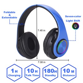 HBYCDSTF Led Bluetooth Headphones, Foldable Wireless Bluetooth Headphones, Wired HiFi Stereo Headphones with Colorful Lights Built in Mic Suitable for PC/Laptop/Tablet/Phone Gaming/Exercise(Blue)
