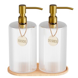 18Oz Soap Dispenser Set with Gold Stainless Steel Pump & Wood Tray - Vertical Stripe Design Refillable for Dish Soap & Hand Soap, Fits Kitchen & Bathroom Countertops