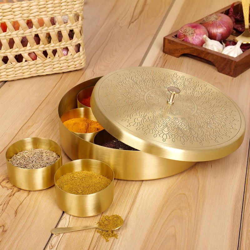 SEMPYIX Brass Masala Box Dabba with Spoon Container 100ML-Spices Storage