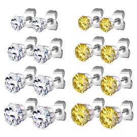 JewelrieShop Earrings for Women Studs Set Stainless Steel CZ Earing Hypoallergenic Multiple Piercing Ear Stud (8 pairs,4-8mm,White,Yellow CZ)
