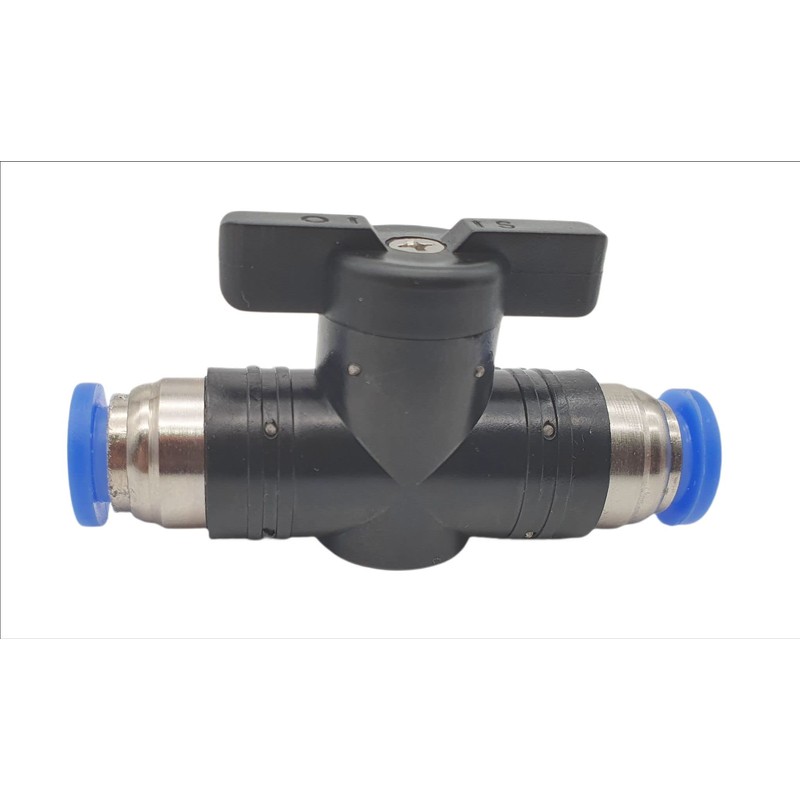 Shut-off valve with 12 mm plug-in connector, pneumatic connector, push