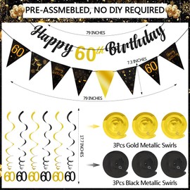 TOBATOBA 60th Birthday Decorations Kit for Men Women, Black Gold Happy 60th Birthday Banner, Triangle Flag Banner 60th Birthday Party Decorations, Swirl Streamers Paper Pompoms Party Supplies