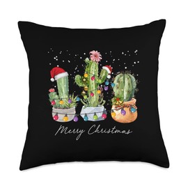 Cactus Christmas Tree Lights Decorations Christmas Xmas Trees Lights Santa Hat Cactus Lovers Throw Pillow, 18x18, Multicolor