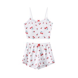 Hilinker Women's 2 Piece Fruit Pajama Set Ribbed Cami Top and Shorts Sleepwear Cute Pjs White Cherry Small