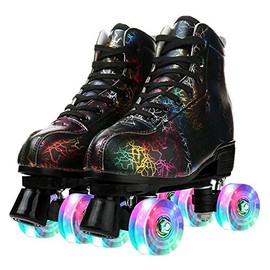 Women Roller Skates Classic High-top Outdoor Skate Roller Light-Up Four-Wheel Roller Skates Shiny Roller Skates for Adult Women Men Yoth with Shoe Bag (Black Flash Wheel,US: 7)