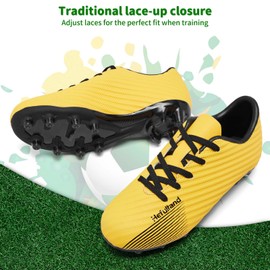 Hefulland Boys Girls Firm Ground Soccer Cleats Kids Football Cleats Shoes for Outdoor Sports Lace Up Size 1.5 Yellow