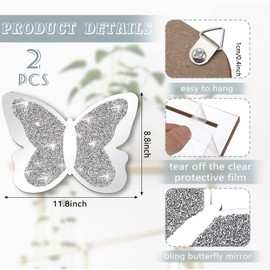 Vesici 2 Pieces Butterfly Shaped Mirror Crystal Crushed Diamond Silver Mirror Silver Wall Decor for Living Room Modern Decorative Mirror for Kids Nursery Classroom Wedding Decor 11.8 x 8.8 Inches