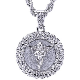 metaltree98 Men's Hip Hop Iced Gold Silver Plated Angel Pendant 20" Rope Chain Necklace (Silver Tone)