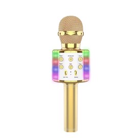 Wireless Karaoke Microphone with LED Lights, Bluetooth Speaker, Multi-Function Controls 4-in-1 portable Handheld Mic withSpeaker Player for singing For Party, great birthday Gift for kids (Gold)