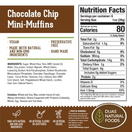 DIJAS Natural Foods Plant-Based 36-Vegan Mini Muffins ONLY $0.97-oz! Natural and Preservative Free Ingredients, Delicious Snack and Breakfast (36 Muffins) (Chocolate Chip)