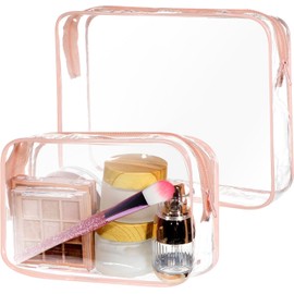 2 Pcs Clear Makeup Bags,Toiletry Bag Portable Travel Makeup Pouch with Zipper Clear Travel Bags (Pink, One Size)