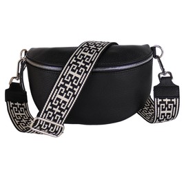 MIRROSI® Women's Bum Bag, Genuine Leather, Made in Italy, Shoulder Bag, Chest Bag, Crossbody Bag (1 Bag & 2 Straps), Black (Plus)