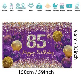 85th Birthday Decorations for Women, Purple Glitter Spots Fabric Sign Poster Birthday Party Decoration, 85th Birthday Background Banner Woman, 85th Birthday Party Decoration