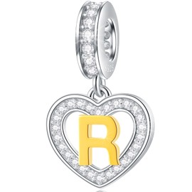 18K Gold-Plated Letter Charms Initials A to Z Necklace Pendant, 925 Sterling Silver CZ Heart Dangle Alphabet Beads Fit European DIY Bracelet, Gifts for Valentine's Day/Christmas/Family, Cubic Zirconia
