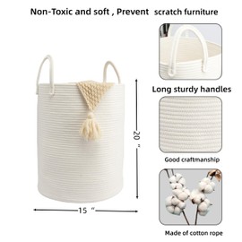 JUNBOLE Woven Cotton Rope Laundry basket-15”X20” Laundry Hamper-Rope Storage Basket for Dirty Clothes, Toys and Blankets Perfect for Bathroom, Baby nursery and Living Room Storage (white)
