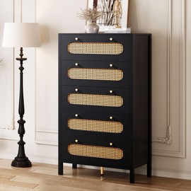 DWVO 47" Tall Natural Rattan 5 Drawer Boho Dresser Chest of Drawers with Golden Handles, Wood Dresser Storage Cabinet for Hallway, Entryway, Hold up to 300lbs, Black
