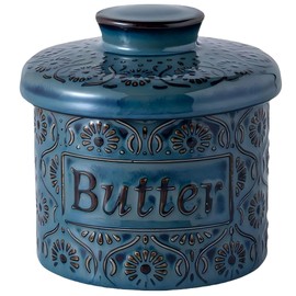 COPORISO Ceramic Butter Crock with Lid, French Butter Dish with Water Line for Countertop, Butter Keeper for Spreadable Butter, Container Holder for Kitchen and Home Decor, 6.7 OZ, Vintage Blue