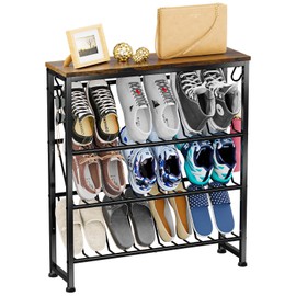 SUFAUY Narrow Shoe Rack for Entryway, Free Standing Slim 4 Tier Metal Shoe Organizer with Adjustable Feet, Rustic Brown