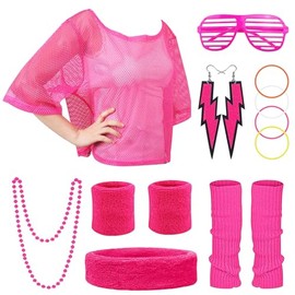 80s Outfit Women's 14 Pieces 90s Theme Party Accessories Neon Clothing Costume Mesh Shirt Women's 80s Headband Glasses Necklace Bracelet Earrings for Retro Theme Party Carnival Fancy Dress Girls Women