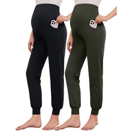 AMPOSH Women's Maternity Jogger Pants Soft Stretchy Sweatpants Pregnancy Lounge Clothes(Black/Olive - 2 Pack, M)