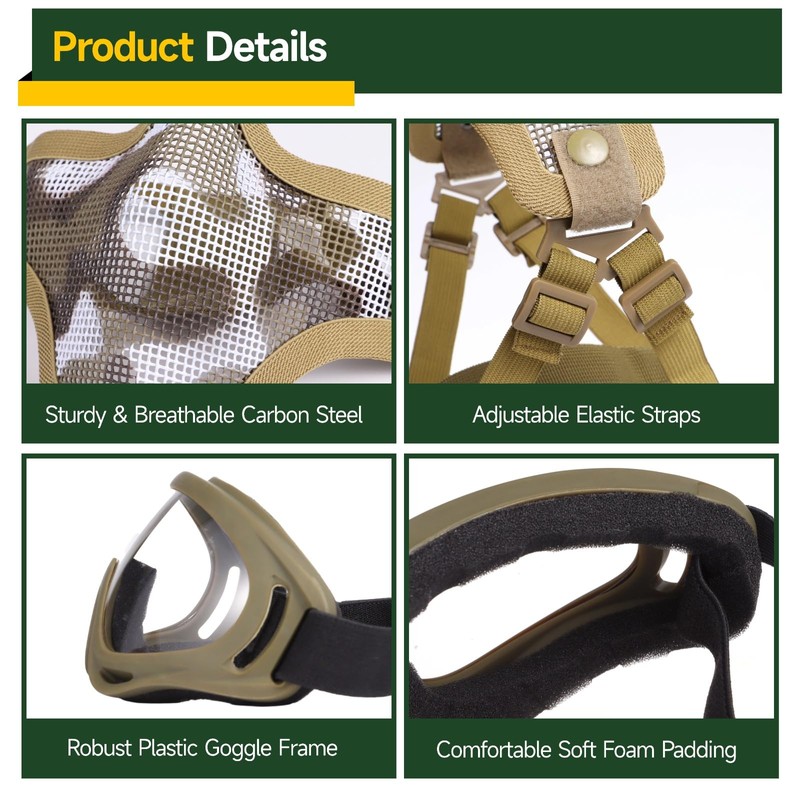 Fansport Airsoft Mask and Goggles Set, Tactical Half Face Mesh