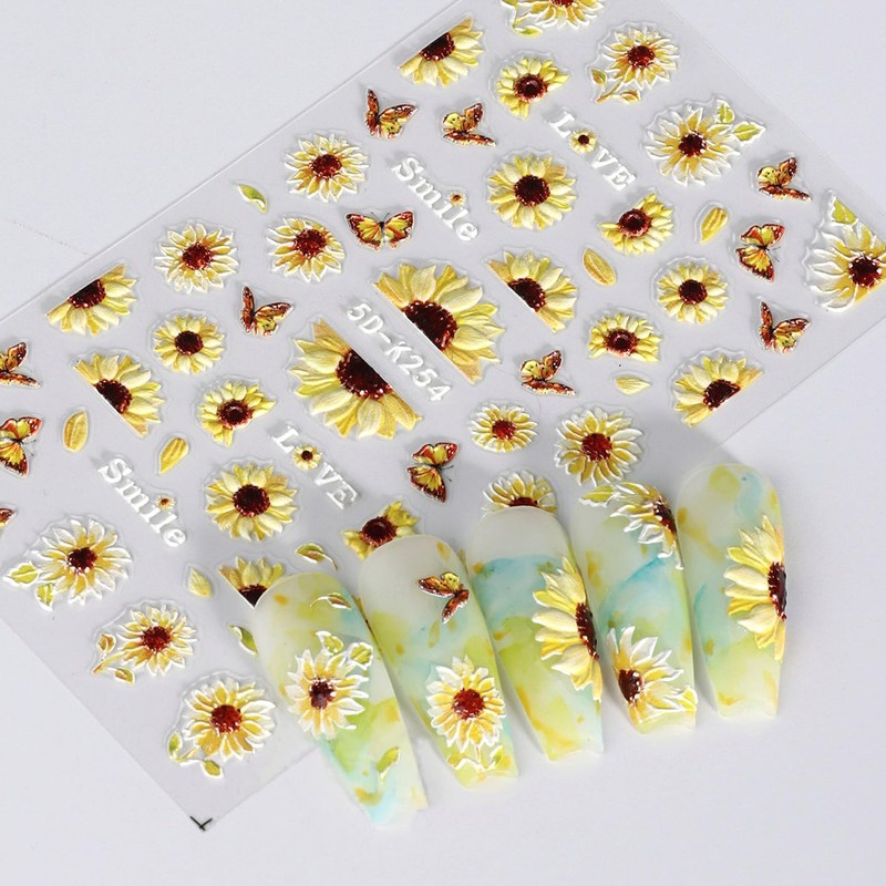 4Sheets Sunflowers Nail Art Stickers Decals 5D Embossed Summer Sun