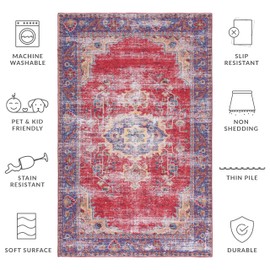 SAFAVIEH Washable Rug Tucson Collection - 3' x 5', Red & Navy, Slip Resistant, Ideal for High Traffic Areas in Entryway, Living Room, Foyer, Bedroom (TSN161Q-3)