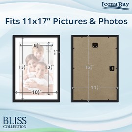 Icona Bay 11x17 Black Picture Frame Fits 16x10 Photos with Mat to 9x14 Image, Modern Style Wood Composite Poster Frame, Wall Mount Only, Bliss Collection