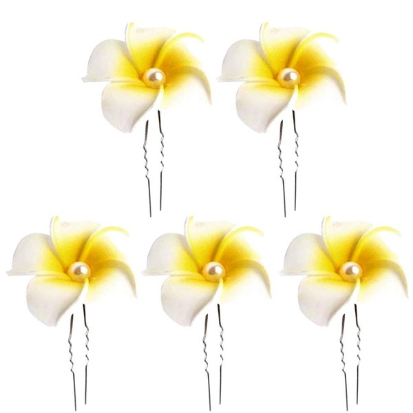Lurrose 5 Pcs Plumeria Hair Pins Hawaiian Beach Party Flower Hair Accessories for Women (4.5CM Yellow)