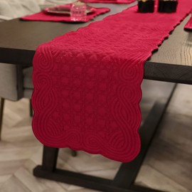 Loom and Mill Quilted Table Runner Farmhouse Style, Natural Fabric Geometric Table Top Linen with Scalloped Edge, Easy Care for Kitchen Dinner Party Holidays All Season Everyday Use(13x 60in, Red)