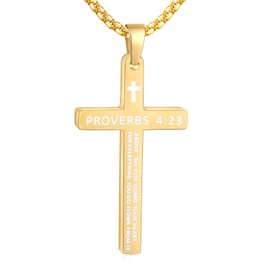 Fiusem Gold Plated Cross Necklace for Men, Bible Verse PROVERBS 4:23 Cross Pendant with 2.5mm Box Chain 22 Inch