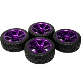 WONFAST 4PCS 1:10 Aluminium Alloy On Road Car 6-Spokes Metal Wheels Rim with Rubber Tires Compatible with 1/10 RC HSP HPI RC Drift Racing Car HSP HPI Parts (S-Purple)