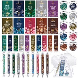 Jetec 150 Bible Verses Gift Set for 30 Christian Bookmarks 30 Scripture Ballpoint Pens 30 Christian Notebooks 30 Bible Verse Keychain 30 White Organza Bags for Women Men Office Church(Stone)