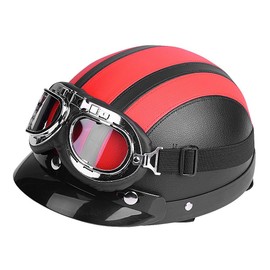 Motorcycle Half Open Helmet, Scooter Protection Shell Open Helmet, Motorcycle Helmet, Leather Open Helmet with Visor Safety Goggles, 54-60 cm (Red)