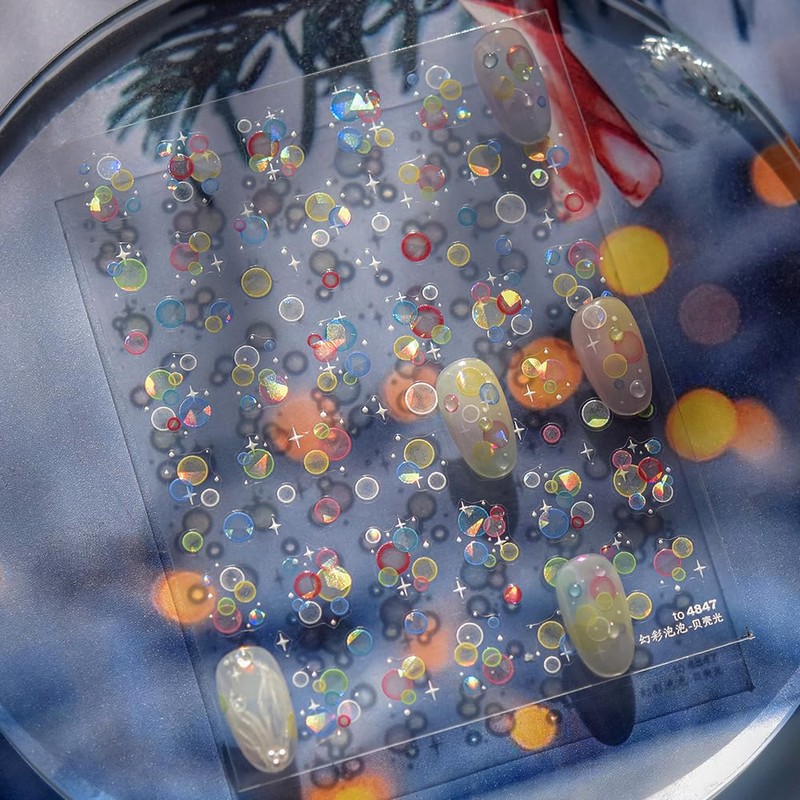 Laser Aurora Shell Soap Bubble Nail Stickers Flash Light Water