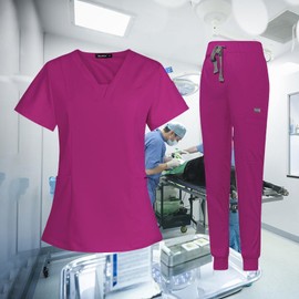 Baoblaze Female Scrub Set, Durable Short Sleeves v Neckline Top and Pants Work Clothing, Rose Red, L
