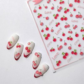 5D Embossed Cherry Nail Stickers Self-Adhesive Cute Nail Decals Supplies Red Nail Art Acrylic Decals Nail Decoration Charms for Women and Girls (1 Sheet)