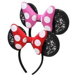 Arctic catfish Mouse Ears Headband Fully Sewn Sturdy Headbands 2-Pcs， 4.6-Inch Sequin Big Ears 3D Silk Satin Bowknot Suitable for Women and Girls Theme Role Play Costume Accessories Party