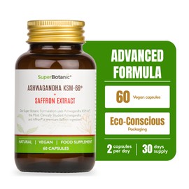 Super Botanic Super Botanic Ashwagandha KSM 66 ? 60 Vegan Capsules with Affron ? (Saffron Extract) |100% Natural & Made in The UK | Most Clinically Studied Ashwagandha