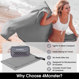 4Monster Quick Dry Travel Towel with Case & Carabiner – Super Absorbent Microfiber Gym & Camping Towel. Compact, Lightweight, Fast Drying for Beach,
