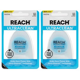 REACH Listerine Ultraclean Dental Floss, Plaque Remover, Shred Resistant, Waxed, Gentle on Gums & Teeth, Mint, PFAS-Free, Fresh Breath, Oral Care, for Adults & Kids, 30 yds - Pack of 2