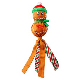 KONG Christmas Holiday Wubba Gingerbread Dog Toy – Interactive Tug & Fetch with Long Floppy Tails and Squeaker for Festive Play