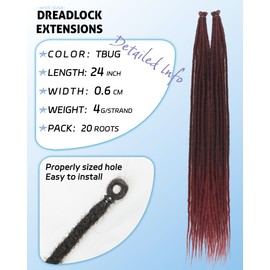 24 Inch Dreadlock Extensions 0.6 cm Width 20 Strands-Burgundy.Soft Hippie SE Dreads Synthetic Loc Extensions for Women and Men(24"-2 Packs,Bug#)