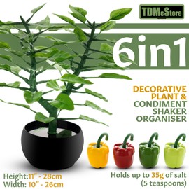 Organise & Decorate Your Dining Table & Kitchen Worktop with Our 6 in 1 Product: Moulded Decorative Fake Plant, Seasoning Organiser, & 4 Salt & Pepper Shakers