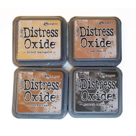 Tim Holtz Ranger Distress Oxide Ink Bundle - Four 3" x 3" Pads (T - Tea and Coffee : Dried Marigold, Tea Dye, Rusty Hinge, and Ground Espresso)