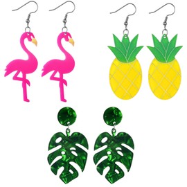 Hicarer 3 Pairs Hawaii 80s 90s Neon Earrings for Women Summer Flamingo Pineapple Palm Tree Earrings Retro Pendant Acrylic Drop Dangle for 80's Outfit Glow Party Accessories