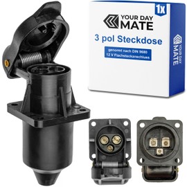 3-pin socket, 1 piece, 4-hole mounting plate, hard plastic housing, 3-pin socket standardised according to DIN 9680, with sealing ring, plug connection for 12 V systems, 3 pin socket agricultural
