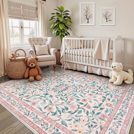 Collive Pink 5x7 Floral Area Rug, Washable Vintage Rug for Bedroom Girls, Non Slip Soft Ultra Thin Throw Indoor Decor Carpet for Living Room Nursery Laundry Playroom