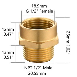 Tecmolog Brass Pipe Fittings Connector G 1/2 Female Thread (Metric BSP) to US 1/2 NPT Male Thread Pipe Fitting Converter Adapter, SBA037